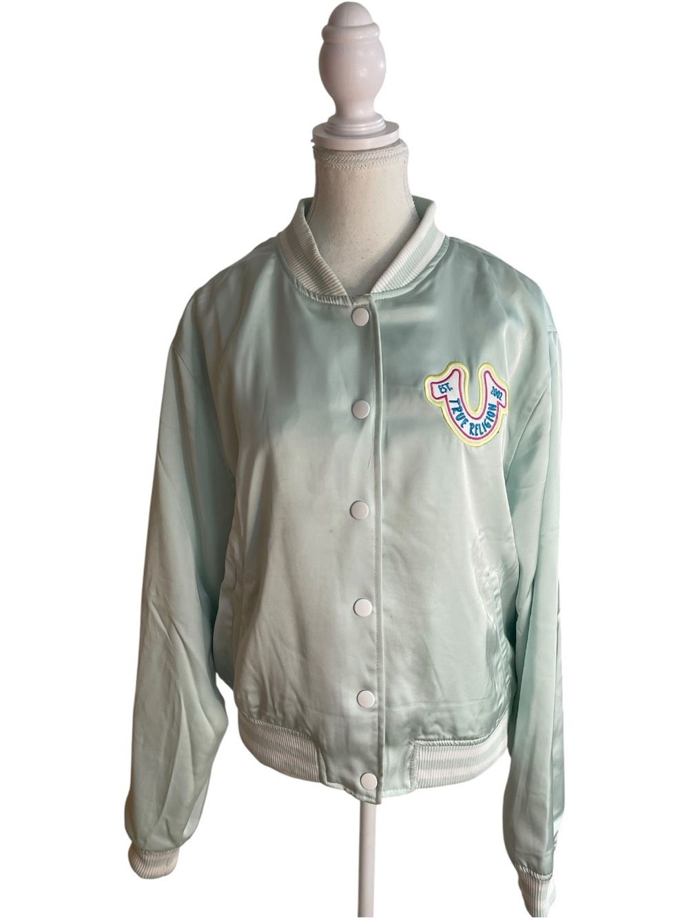 True Religion Jeans Satin Bomber Varsity Jacket Green